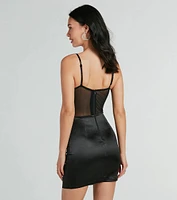 Sexy Chic Ruched Satin And Mesh Corset Mini Dress