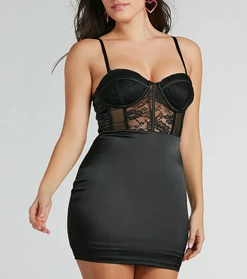 Sexy Allure Lace-Trim Satin Corset Mini Dress