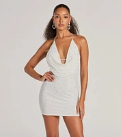 Upscale Company Cowl Halter Faux Pearl Mini Dress