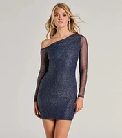 Go For Glam Glitter Mesh One-Shoulder Mini Dress