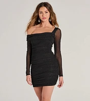 Glitzy Aura Glitter Mesh Off-Shoulder Mini Dress