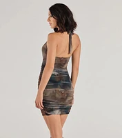 Ethereal Muse Abstract Marble Ruched Mini Dress