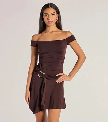 Trendy Fab Off-The-Shoulder Belted Mini Dress