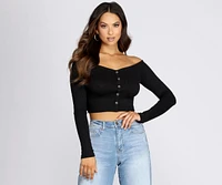 Button Detail Ribbed Knit Crop Top