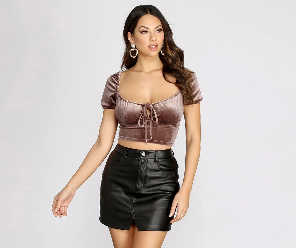 Velvet Glam Tie Front Crop Top