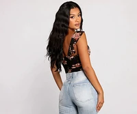 Ruffled Floral Lace-Up Mesh Bodysuit