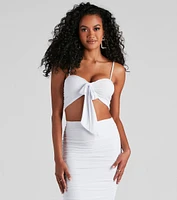 Cropped Ruched Tie Front Top