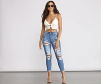 Double Row Tie Front Ribbed Crop Top