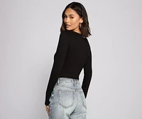 Square Neck Long Sleeve Knit Bodysuit