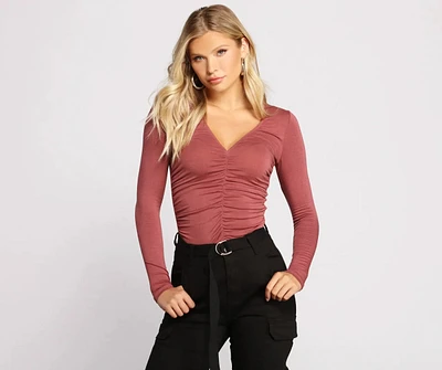 Ruched V Neck Jersey Knit Crop Top