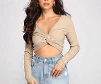 Ribbed Knit Twist Front Crop Top