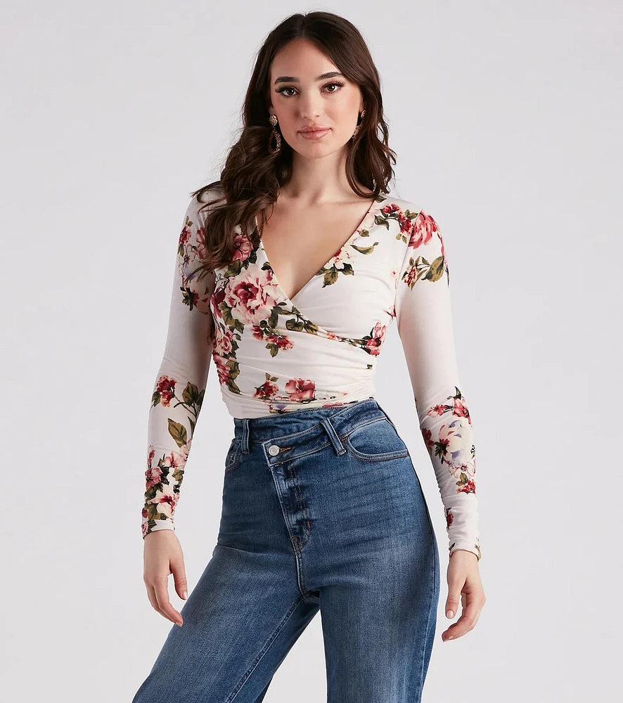 Spring Floral Surplice Crop Top