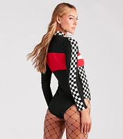 Racer Babe Striped And Checkered Bodysuit