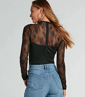 Sultry Allure Long Sleeve Sheer Lace Bodysuit