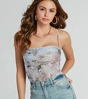 Sunset Dream Scroll Print Mesh Corset Top