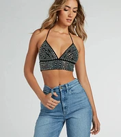 When The Party Calls Rhinestone Halter Crop Top