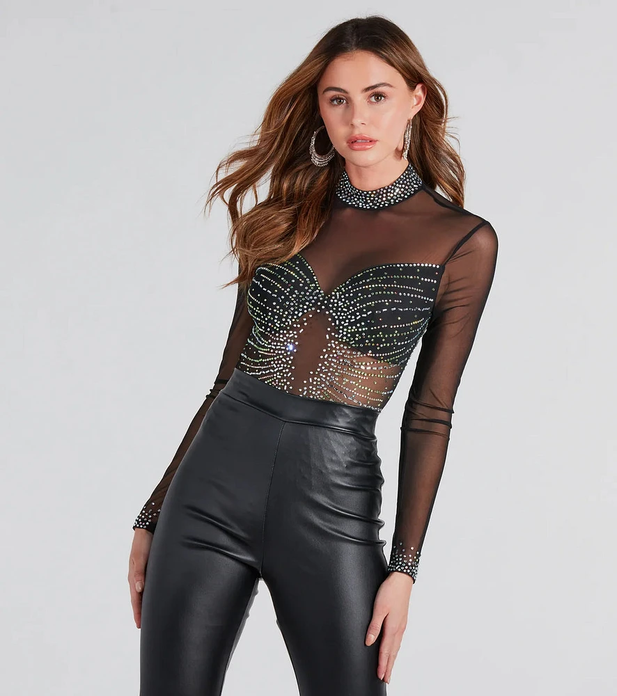 Rising Star Rhinestone Mock Neck Mesh Bodysuit