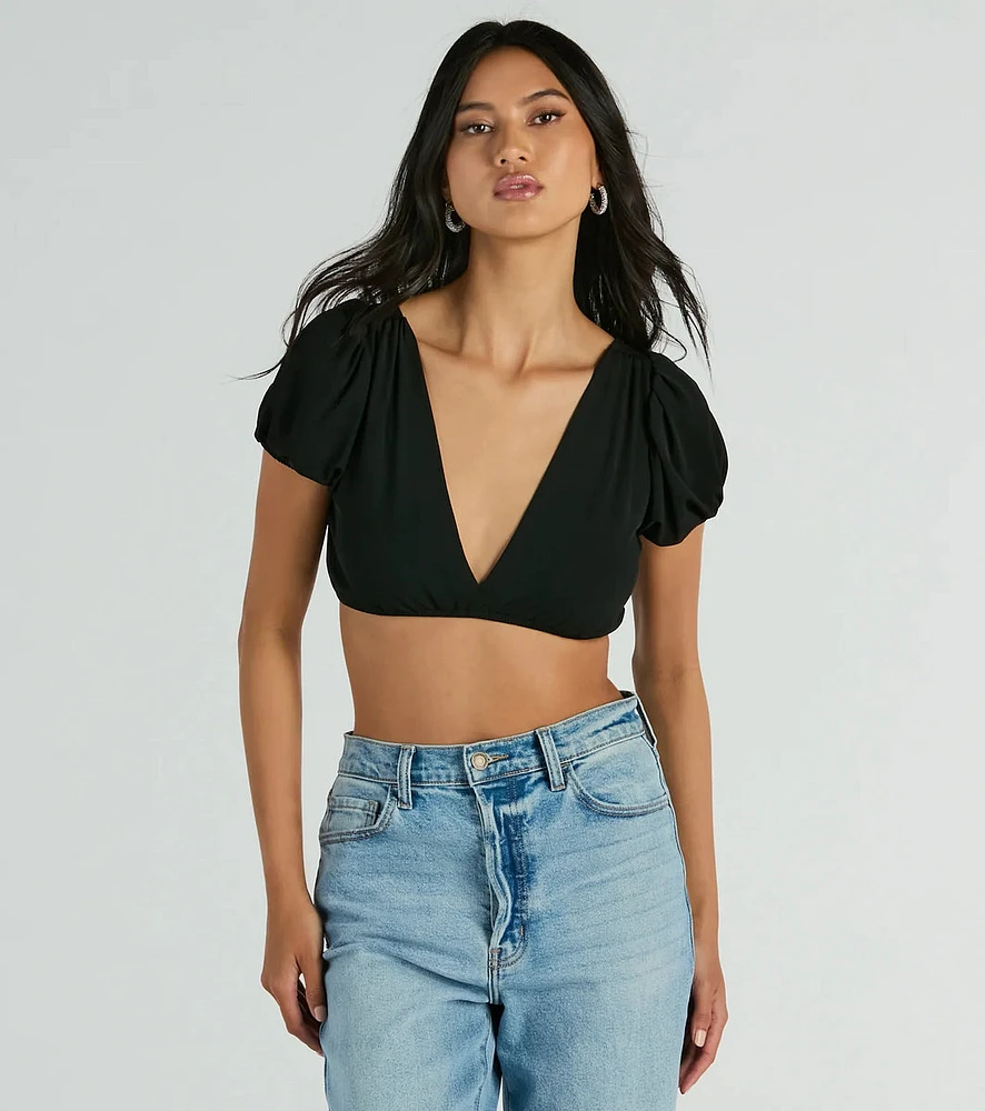 Adorable Allure Puff Sleeve Tie-Back Crop Top