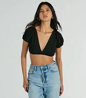 Adorable Allure Puff Sleeve Tie-Back Crop Top