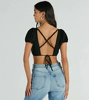 Adorable Allure Puff Sleeve Tie-Back Crop Top