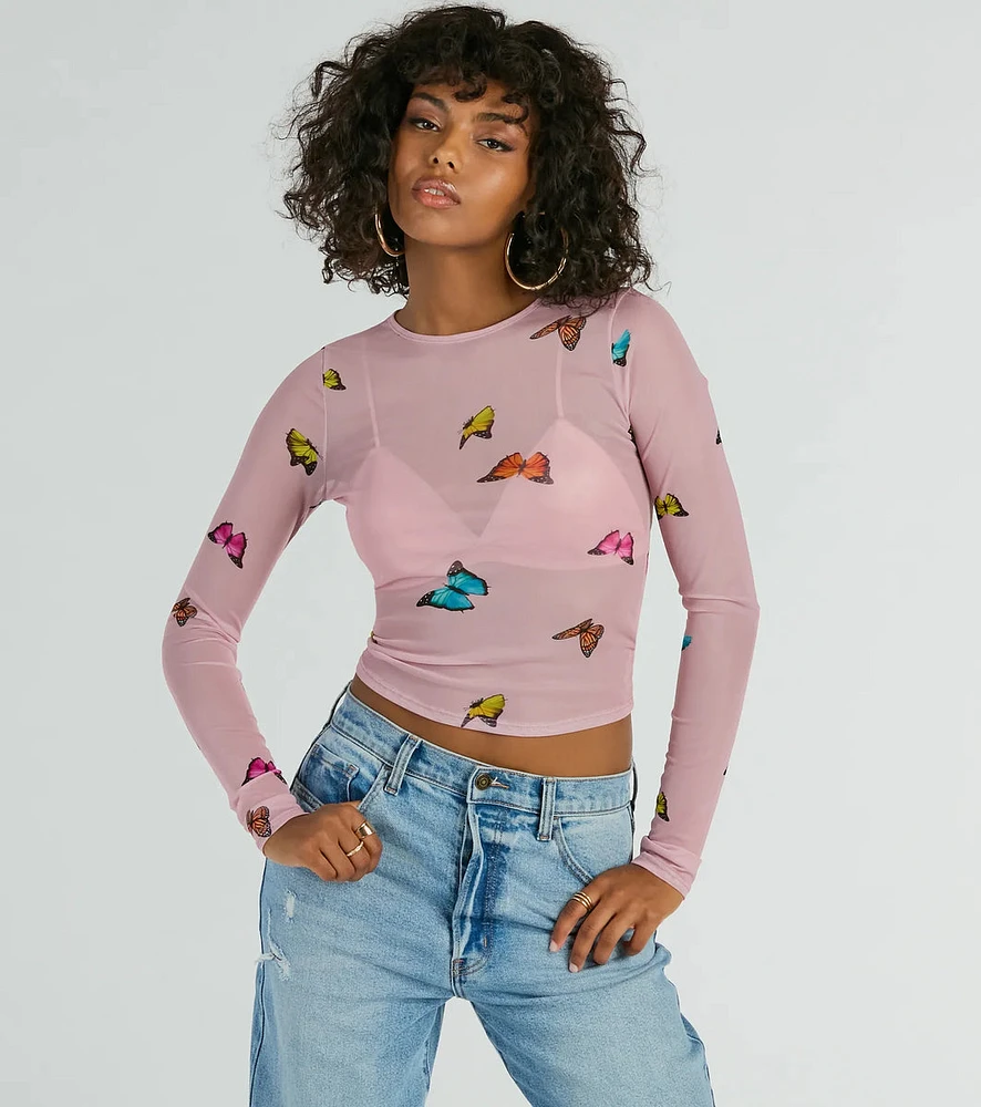 Butterfly Effect Long Sleeve Mesh Crop Top