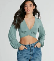 Smooth Talkin' Long Sleeve V-Neck Crop Blouse