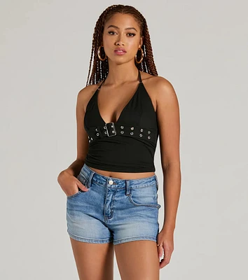 Buckle Down Halter V-Neck Crop Top