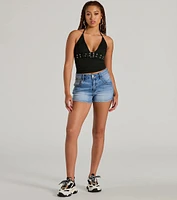 Buckle Down Halter V-Neck Crop Top