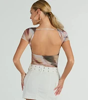 Talk Back Abstract Print Mesh Crop Top