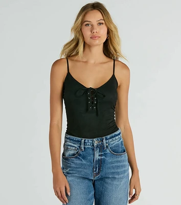 Lace Me Up Sleeveless Faux Suede Bodysuit