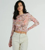 Wild Flowers Long Sleeve Floral Mesh Crop Top