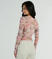 Wild Flowers Long Sleeve Floral Mesh Crop Top