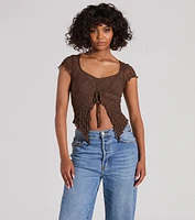 Flirty Expert Short Sleeve Slit Texture Crop Top