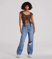 Flirty Expert Short Sleeve Slit Texture Crop Top