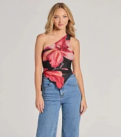 Pretty Bold One-Shoulder Floral Mesh Crop Top