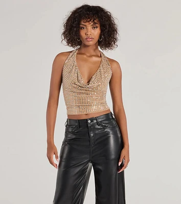 Glitzy Chic Cropped Rhinestone Halter Top