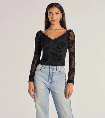 Chic Effect Floral Velvet Flocked Long Sleeve Top