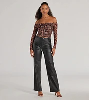 Sultry Leopard Print Mesh Off-The-Shoulder Top