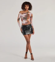 Shimmering Allure Abstract Print Glitter Mesh Top