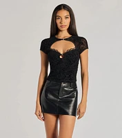 Alluring Velvet Flocked Sheer Mesh Cutout Top