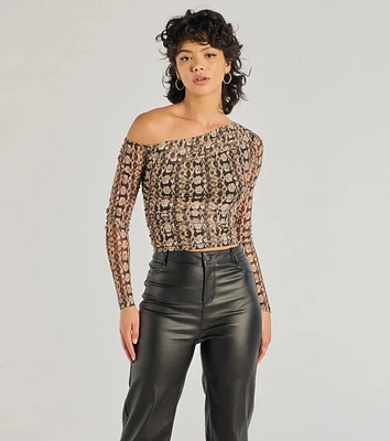 Bold Edge Snake Print Mesh Long Sleeve Top