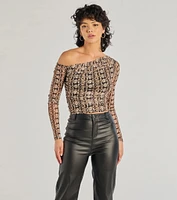 Bold Edge Snake Print Mesh Long Sleeve Top