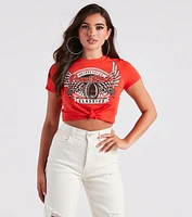 Moto Babe Graphic Knot Tie Crop Tee