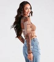 Cutie Plaid Long Sleeve Mesh Crop Top