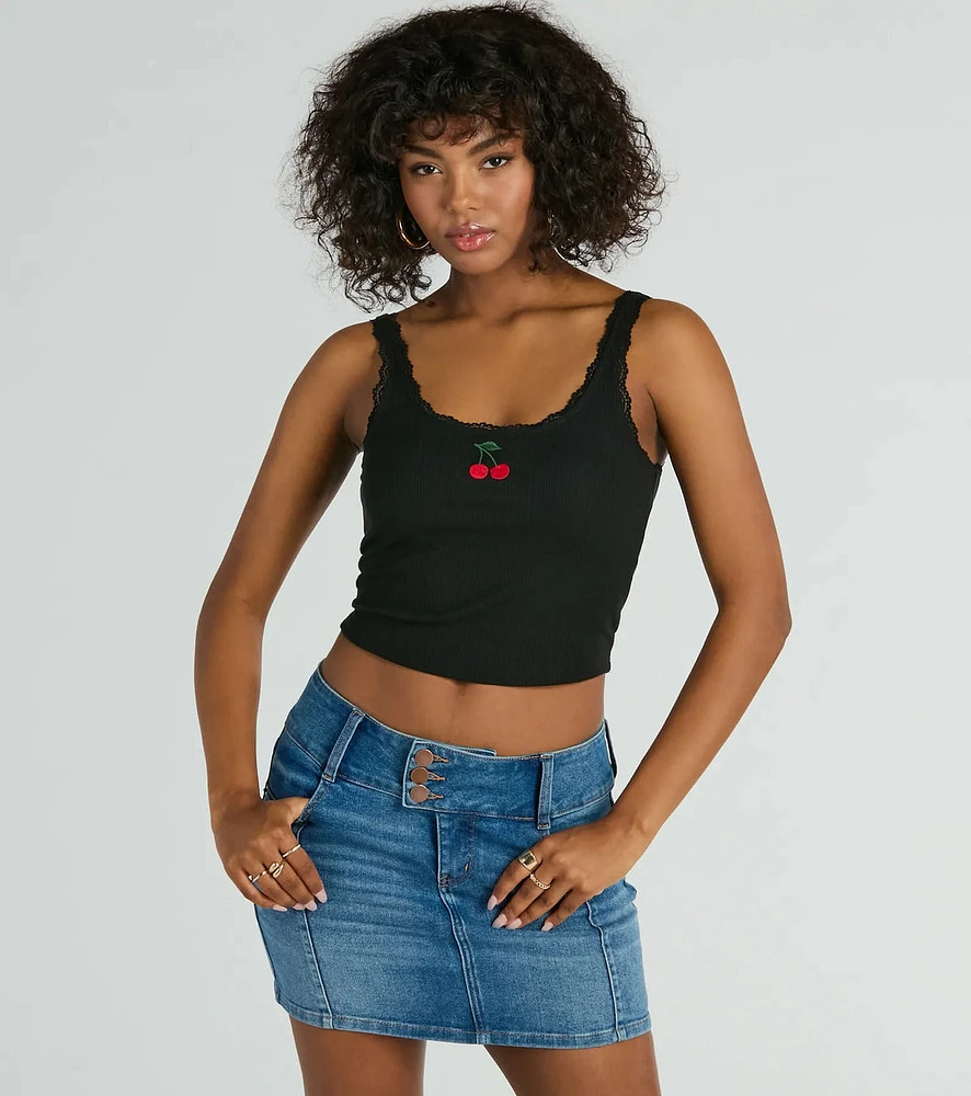 Cherry Picking Lace Trim Tank Top