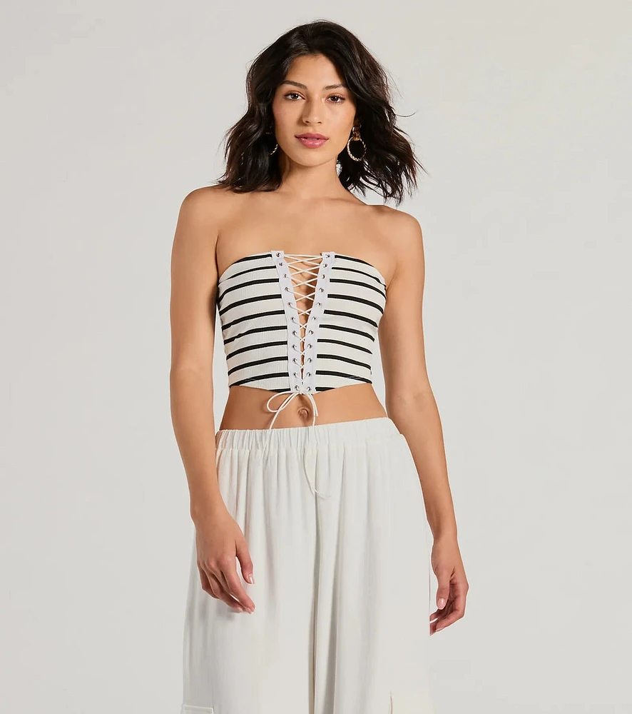 Bold Babe Strapless Lace-Up Striped Crop Top