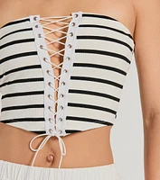 Bold Babe Strapless Lace-Up Striped Crop Top