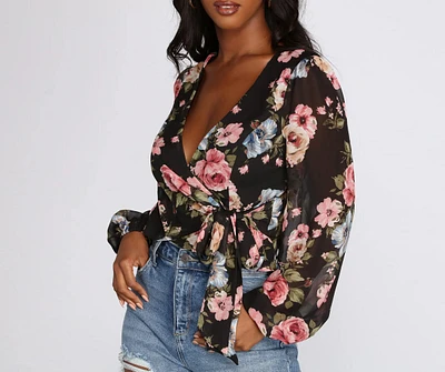 Floral Chiffon Wrap Front Blouse