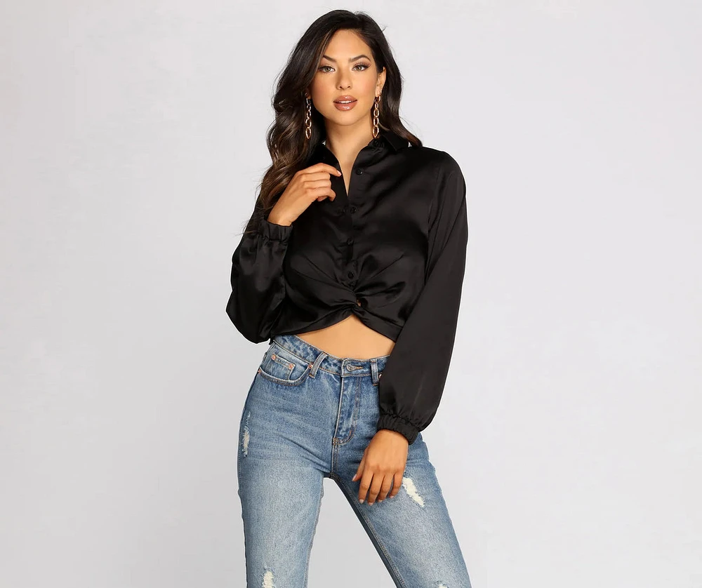 Satin Twist Front Collared Crop Top