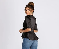 Satin Puff Sleeve Peplum Top